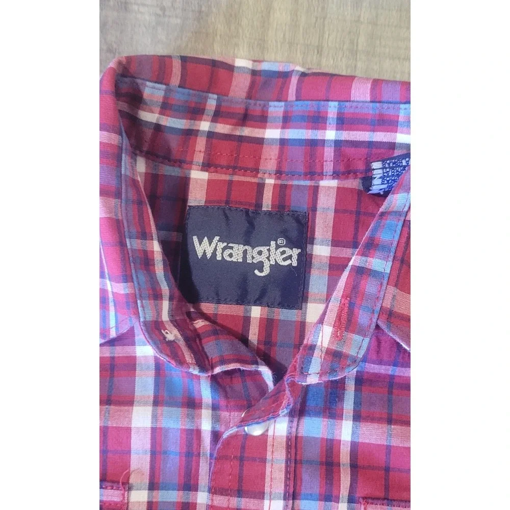 Wrangler Western Pearl Snap Shirt Boys Youth Medium Red‎ Plaid Long Sleeve EUC